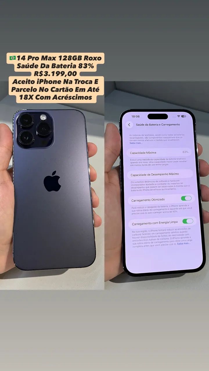 iPhone 14 Pro Max 128GB Roxo - Saúde Da Bateria 83% (Usado) 
