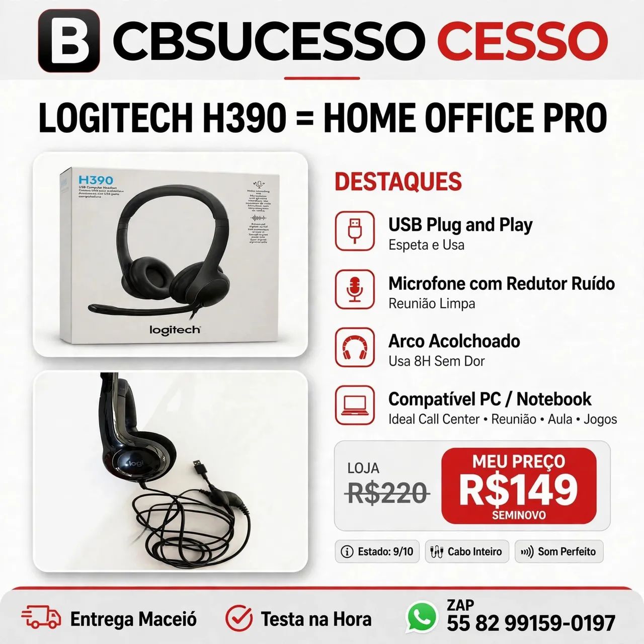 Headset Logitech H390 USB Microfone Fone Home Office R$149,99