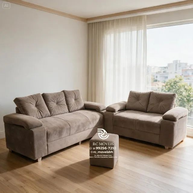 Sofá 2 e 3 Lugares Braço Fofão Suede Preto D33 Aconchegante - Foto 2