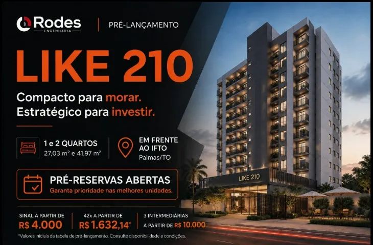 Aptos 1 e 2 Quartos | Sinal a partir de R$ 4 mil | Frente IFTO