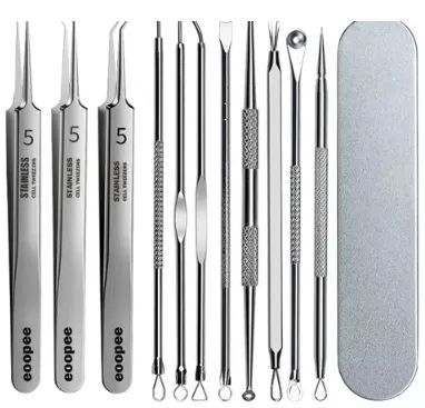 Kit com 12 Peças (8 Curetas + 3 Pinças) Limpeza de Pele Acne Cravos Extrator Estética z648 - Foto 2