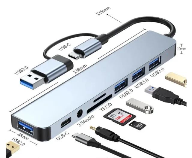 Hub - USB - 8 em 2 - Com adaptador Tipo C - Usb-Audio-TF-UsbC - Not-PC-Mac-Cel