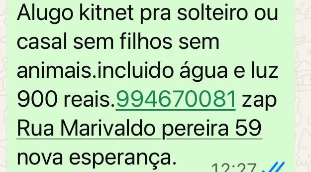 Alugo kitnet para solteiros ou casal sem filhos
