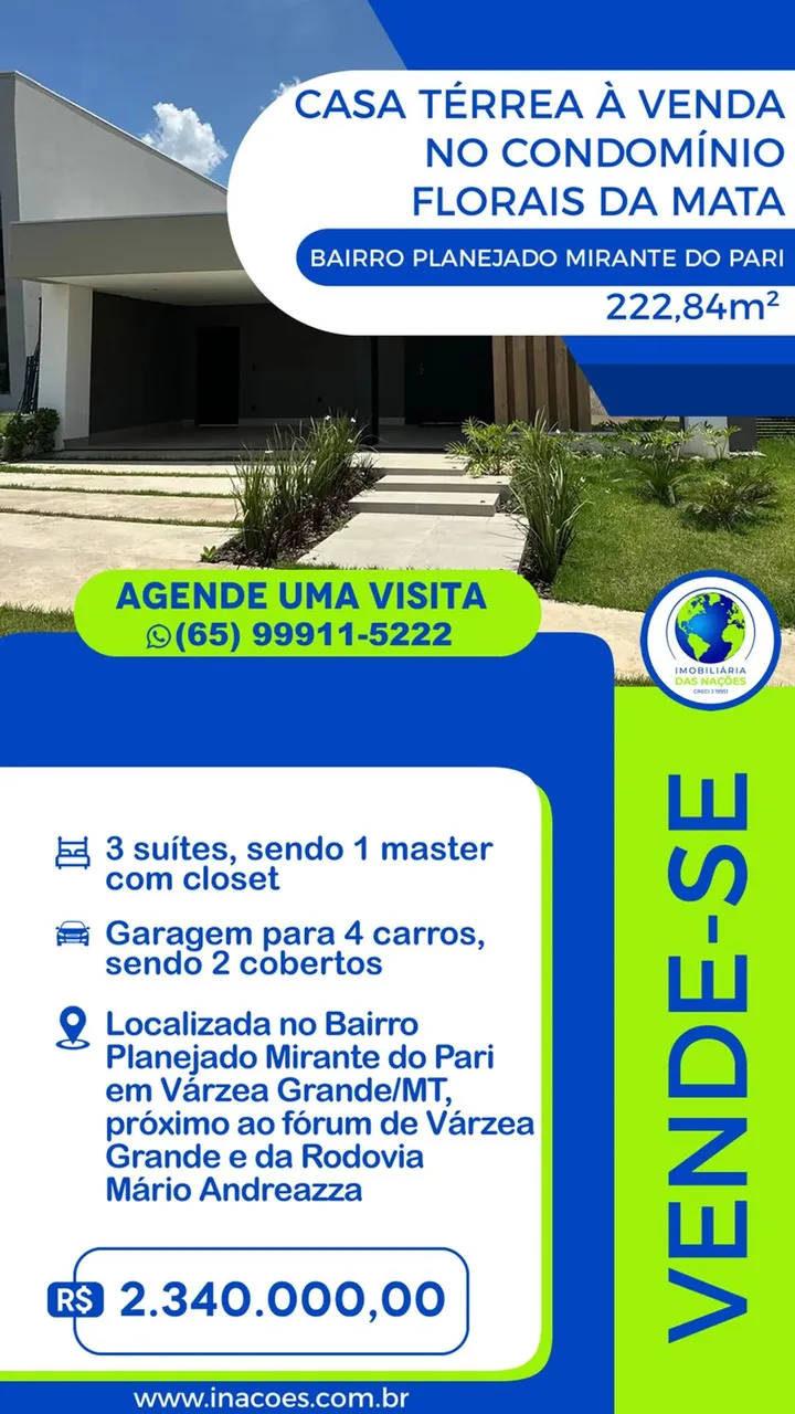 Casa Térrea à Venda no Condomínio Florais da Mata, Várzea Grande, MT