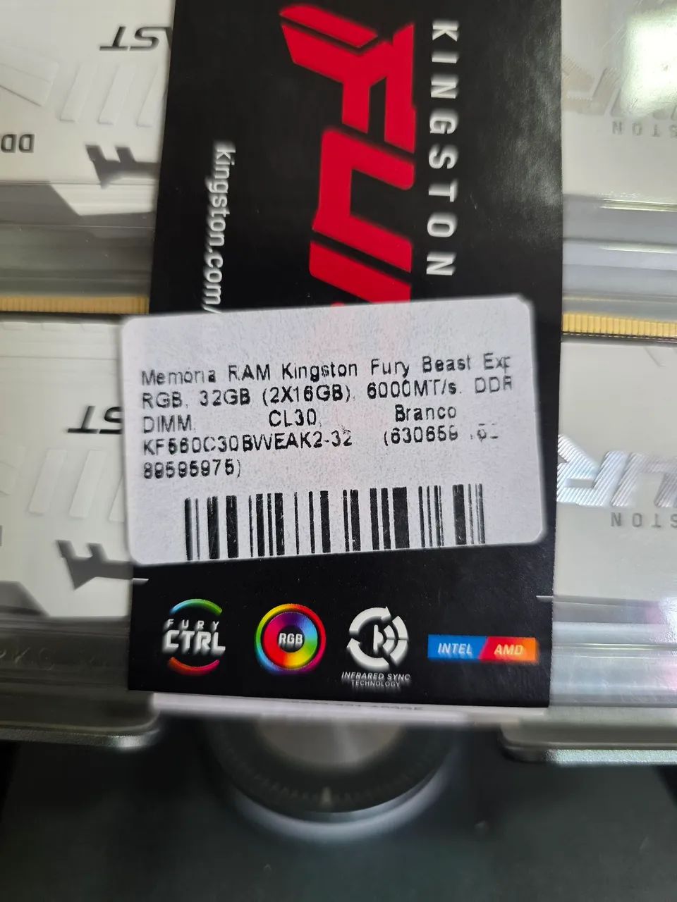 Memória RAM DDR5 Kingston Fury Beast RGB 32GB 6000MHz CL30 Branca - Nova Lacrada - Foto 3