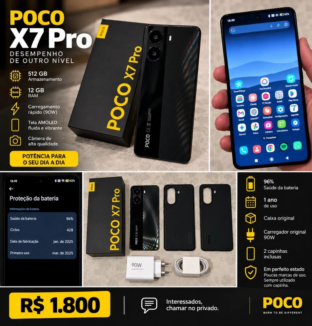 POCO X7 Pro 5G 512GB 12GB RAM - Completo + 96% Bateria - Celulares