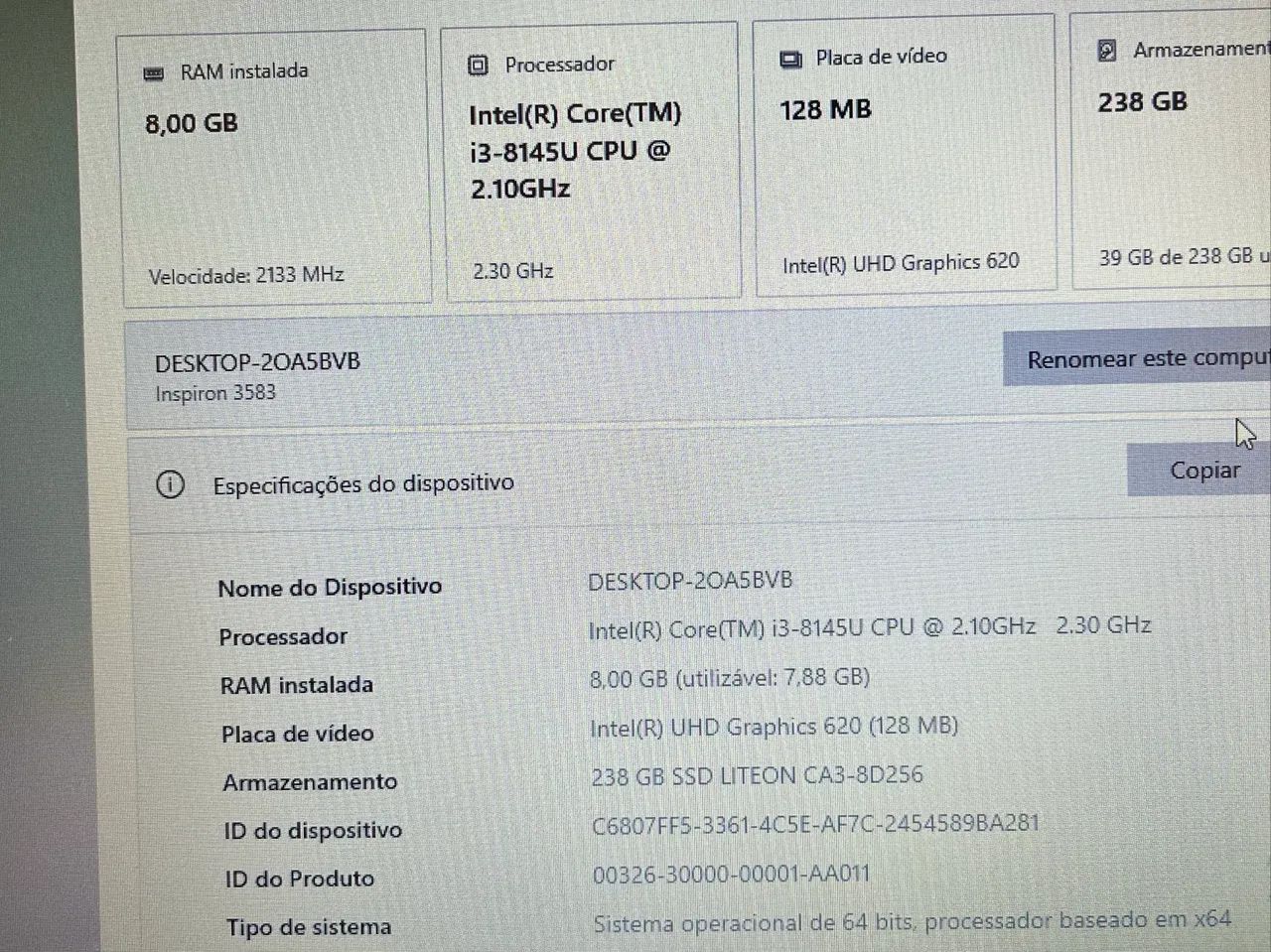 Notebook Dell core i3 oitava geração 8gb ram ssd 256gb "990,00" - Foto 4