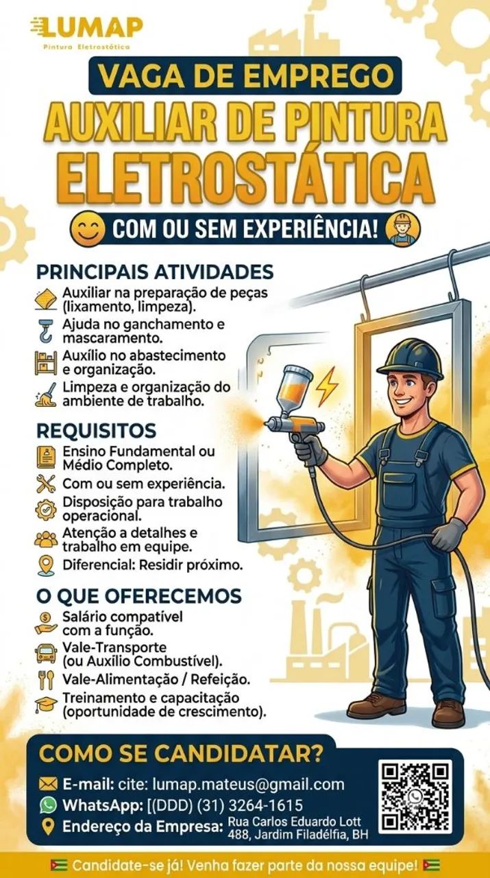 VAGA DE EMPREGO AUXILIAR DE PINTURA ELETROSTATICA - Foto 2