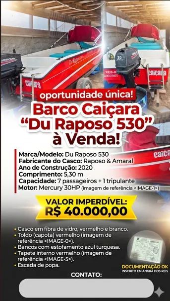 Barco com motor de 30 HP Mercury