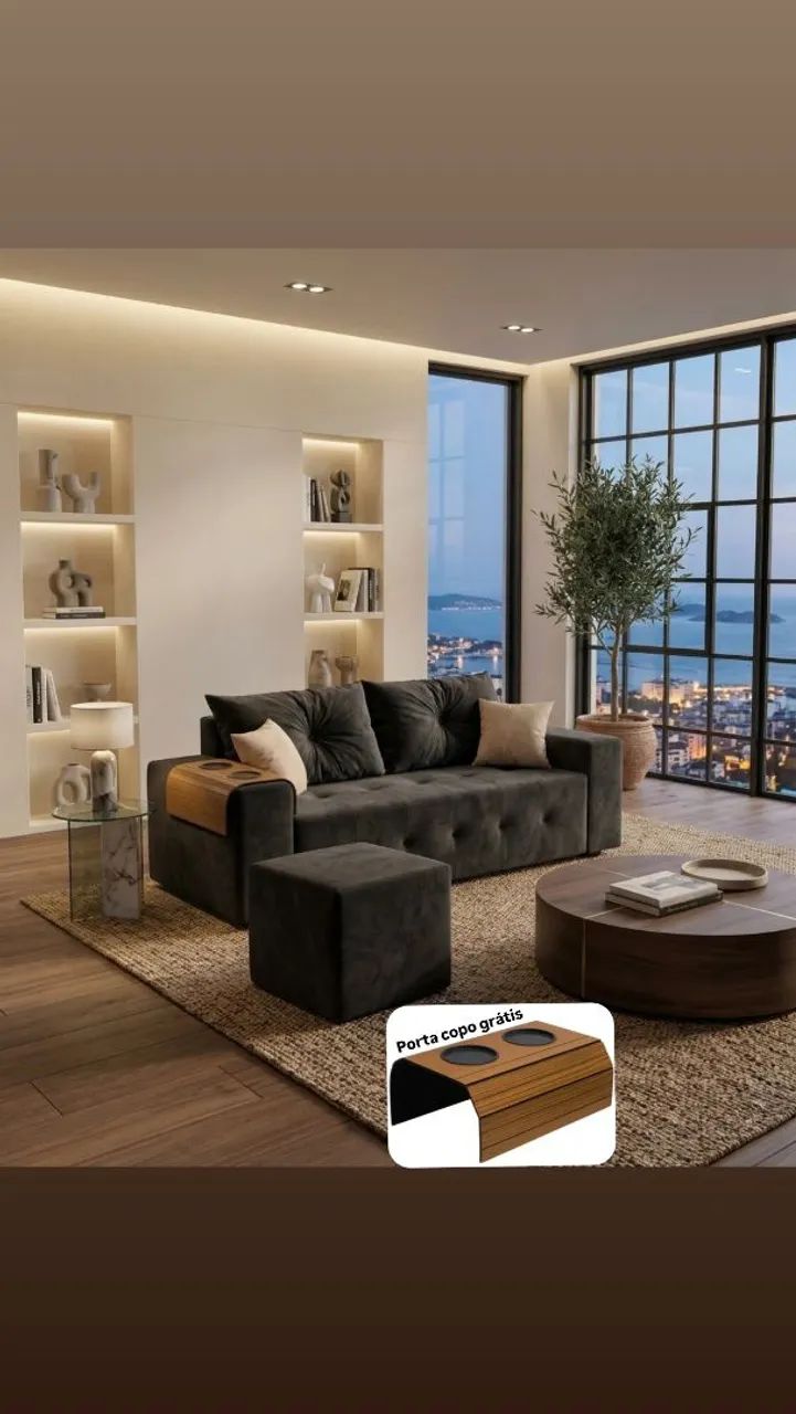 Sofá quadrado 3 lugares com puff e almofadas decorativas e porta copo grátis 