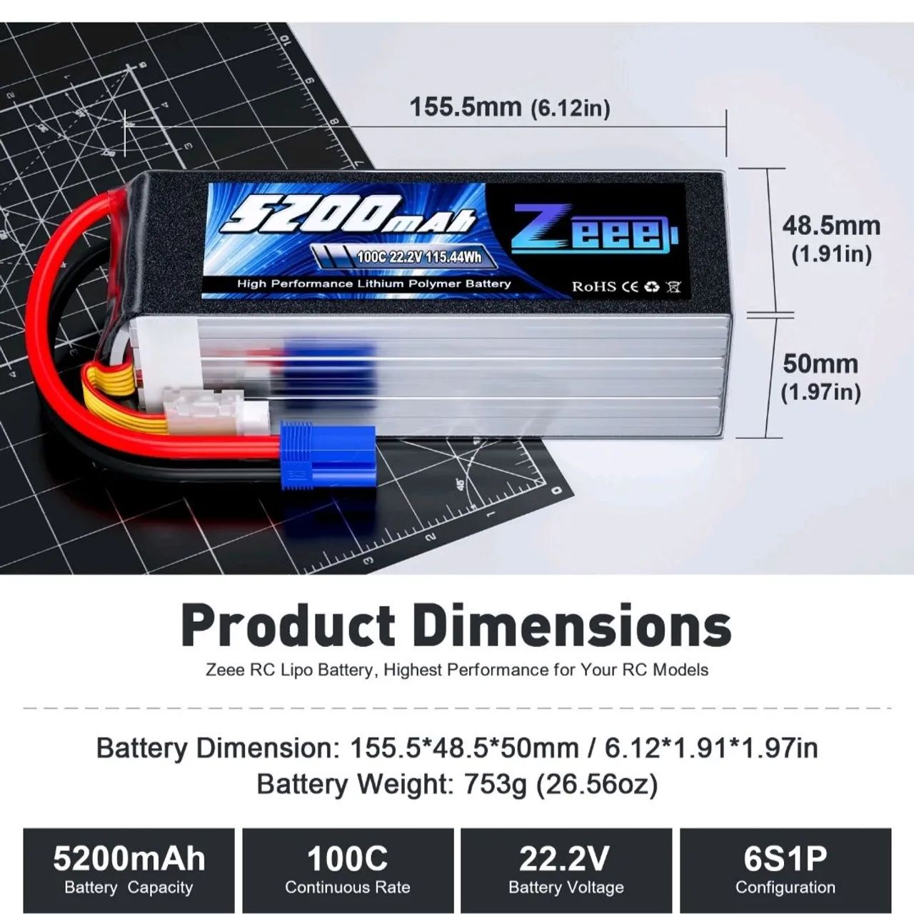 Bateria Lipo Zeee 6s 5200mah 100c C/ Plug Ec-5 - Foto 2