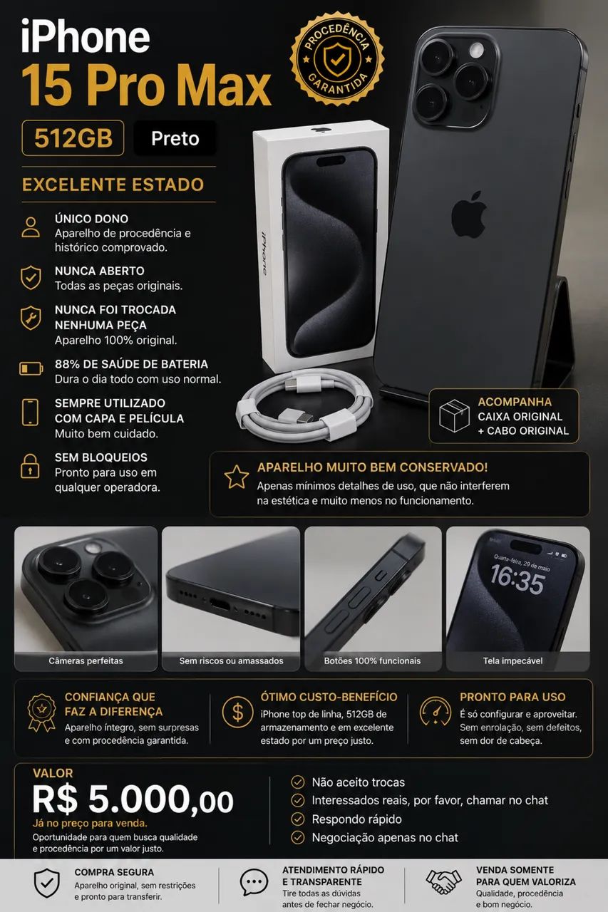 iPhone 15 Pro Max - 512GB - Preto | ótimo estado | Oportunidade