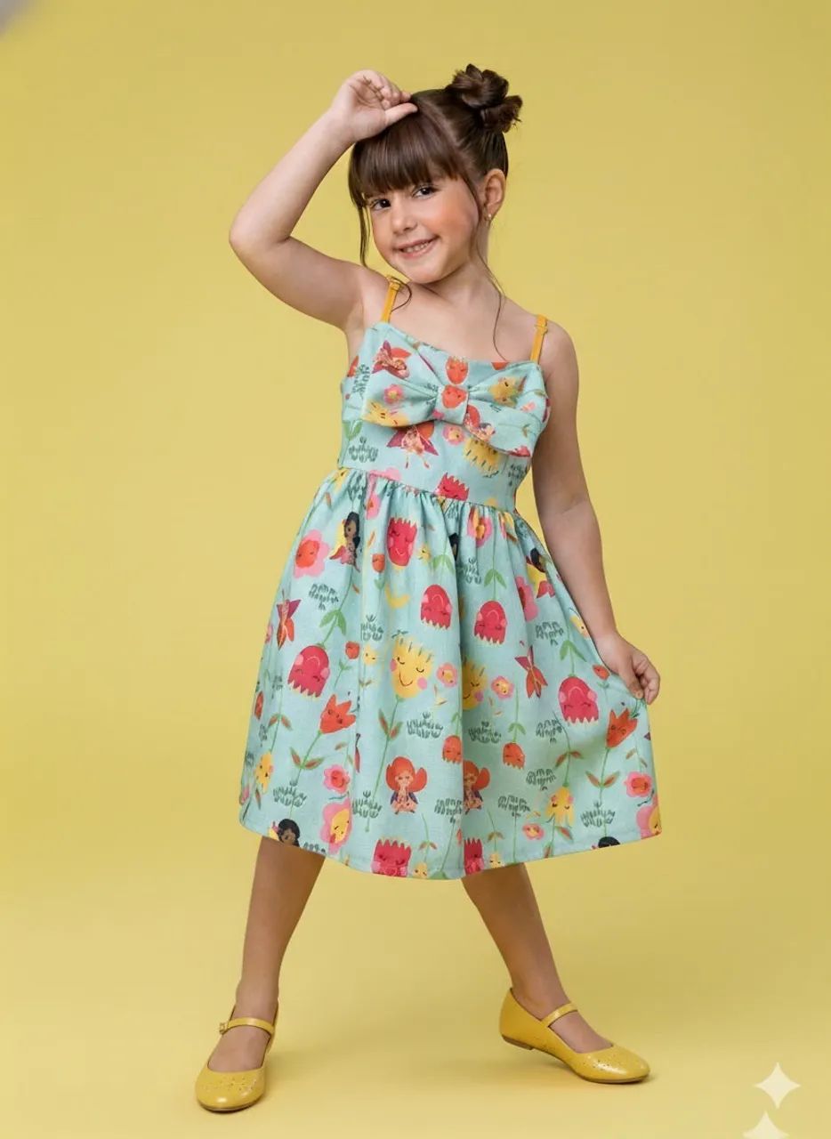 Vestido infantil estampado com laço alça amarela 4 anos - Foto 2
