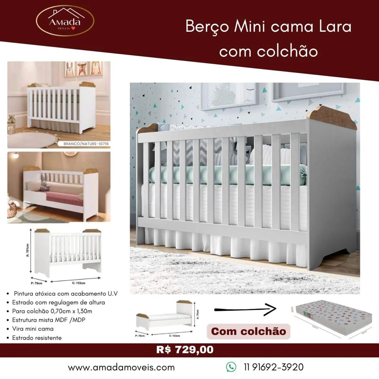 Berço Mini Cama Lara com colchão - à pronta entrega 