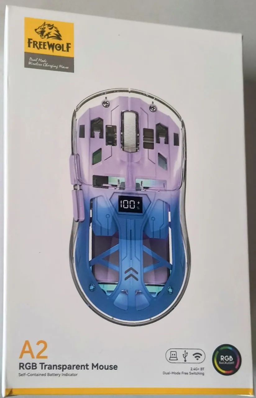 Mouse Gamer Sem Fio Attack Shark Free Wolf A2 Roxo Transparente