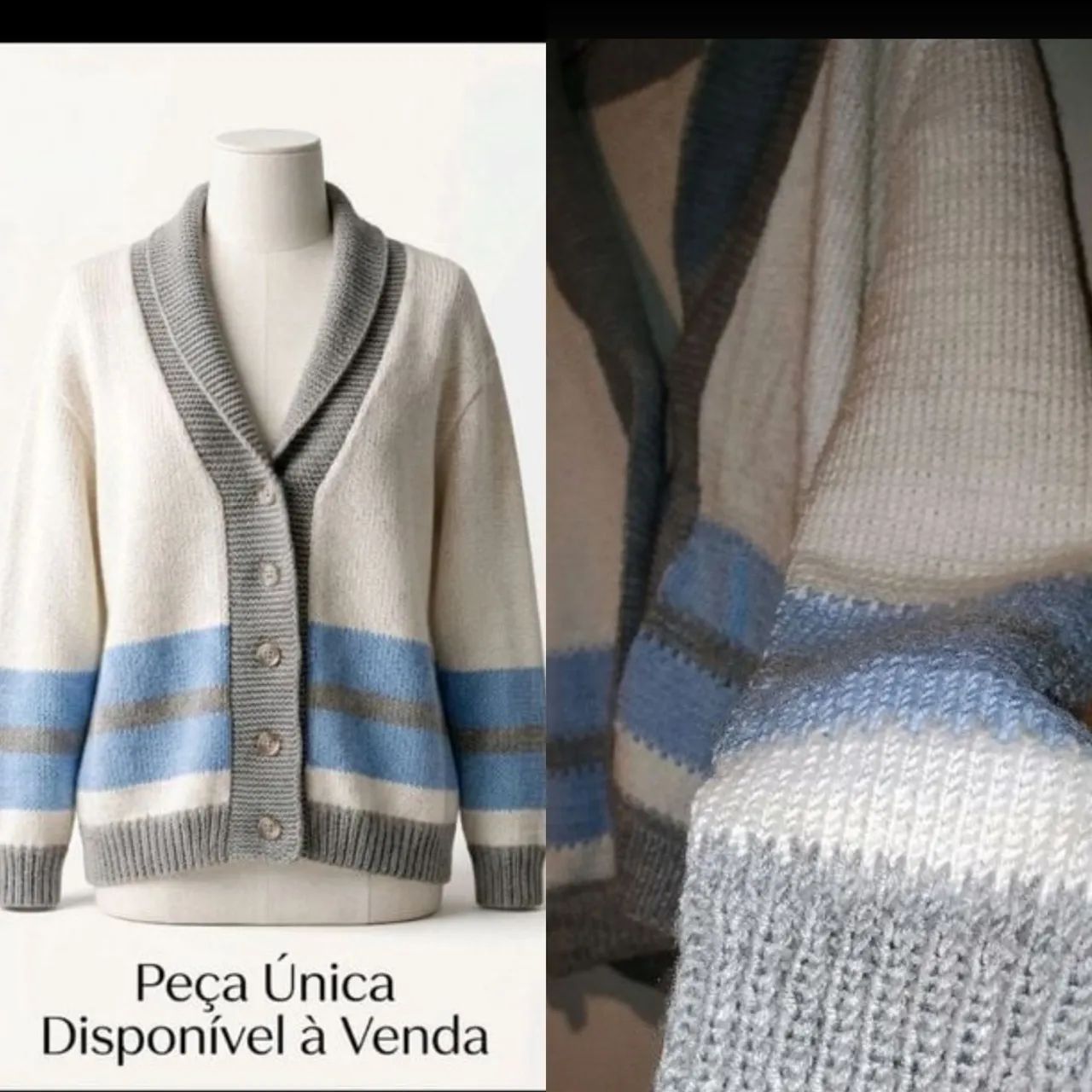 Suéter branco/azul/cinza. De lã 