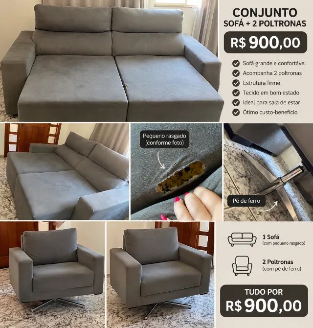 Sofá retrátil e poltronas 