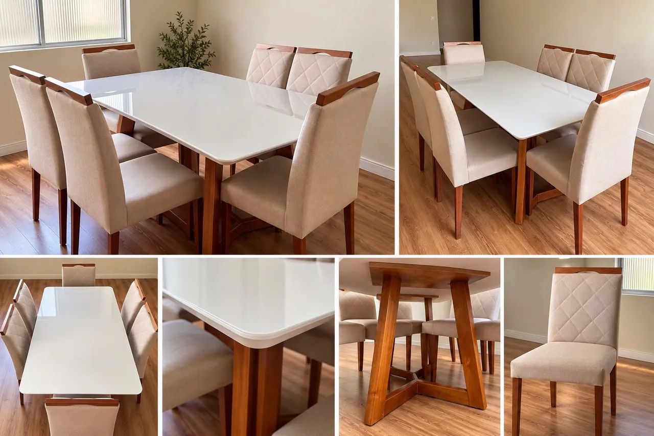 MESA DE JANTAR COM 6 CADEIRAS ESTOFADAS