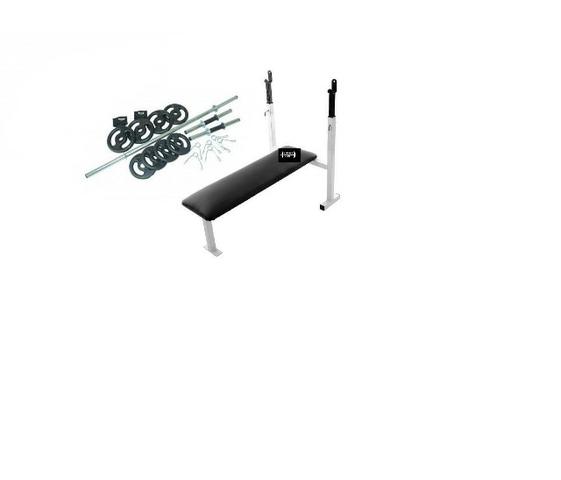 Banco supino reto fixo com apoio de barra + barras 40cm e barra 1,50 com 20kgs de anilhas