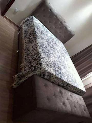 Cabeceira, base e baú em suede novo, (peças vendidas separadas)