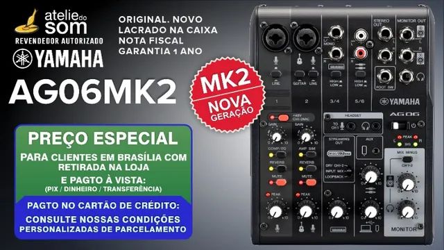 Yamaha AG06MK2 Preta Mesa de Som interface USB 6 canais Live Streaming, Musica, Podcasts