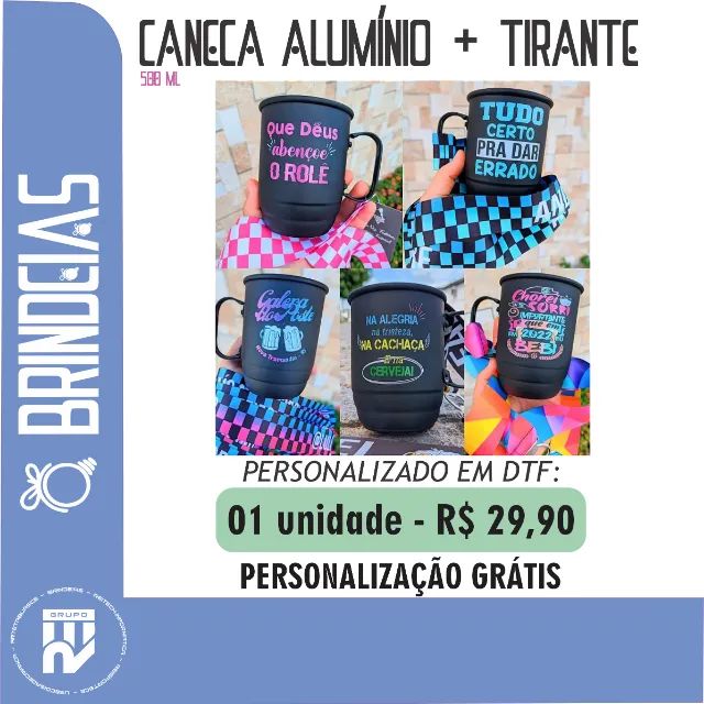 Caneca Alumínio com tirante personalizado em dtf 
