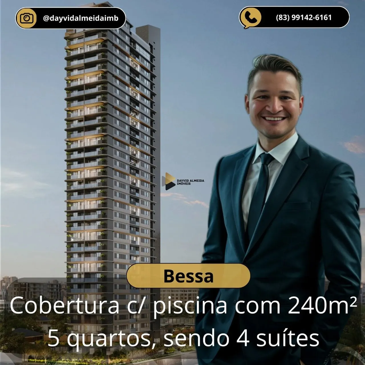 Cobertura com 5 quartos, sendo 4 suítes - 240,86 m² - Bessa em João Pessoa