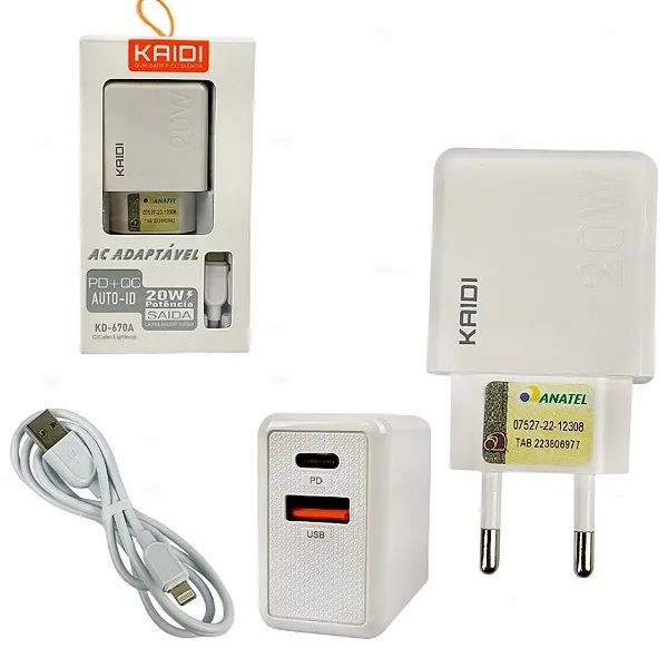 Carregador Turbo USB e Tipo C + Cabo Lightning para iPhone - Kaidi - Foto 2