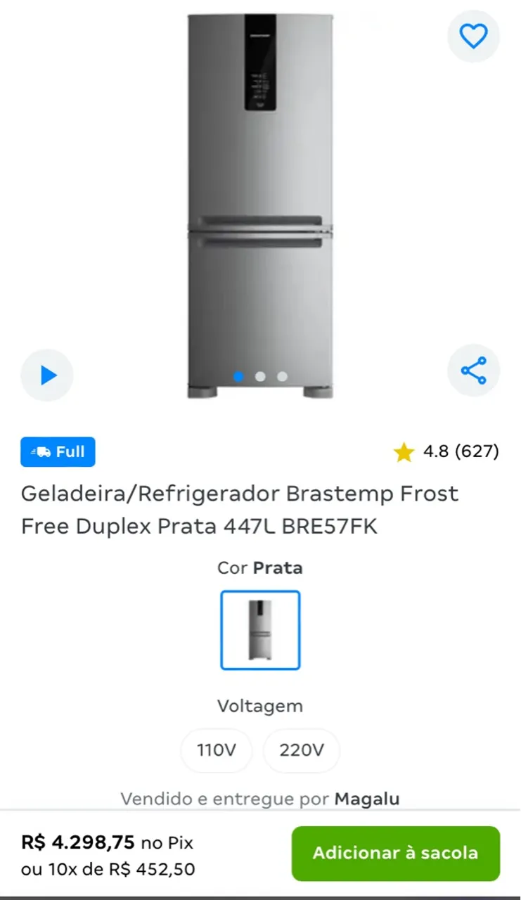 Geladeira Brastemp Frost Free Duplex Prata 447L