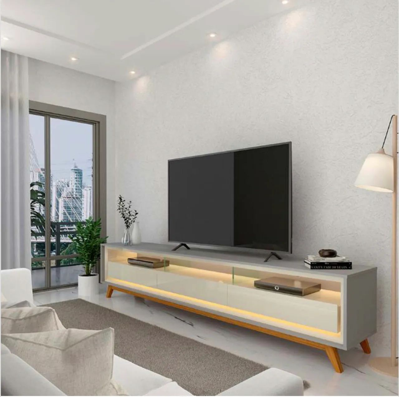 Aparador Lumina 212 com LED Cinza e Off White