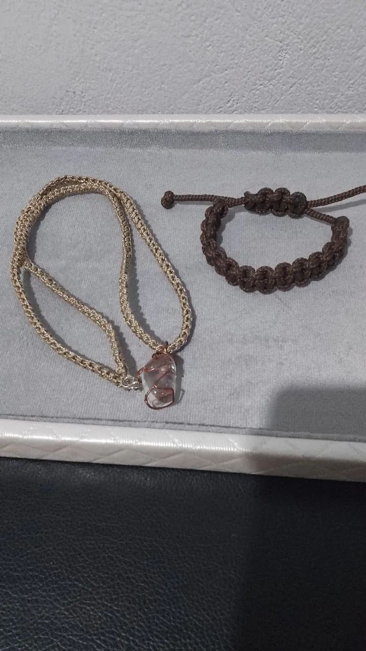 Kit Colar Cristal Pedra Natural E Pulseira Macramê Boho