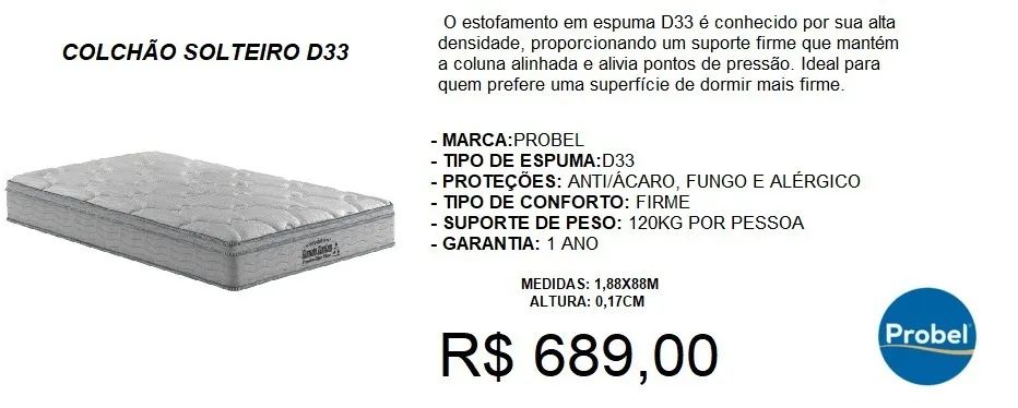COLCHAO DE SOLTEIRO PROBEL D33 A PRONTA-ENTREGA 