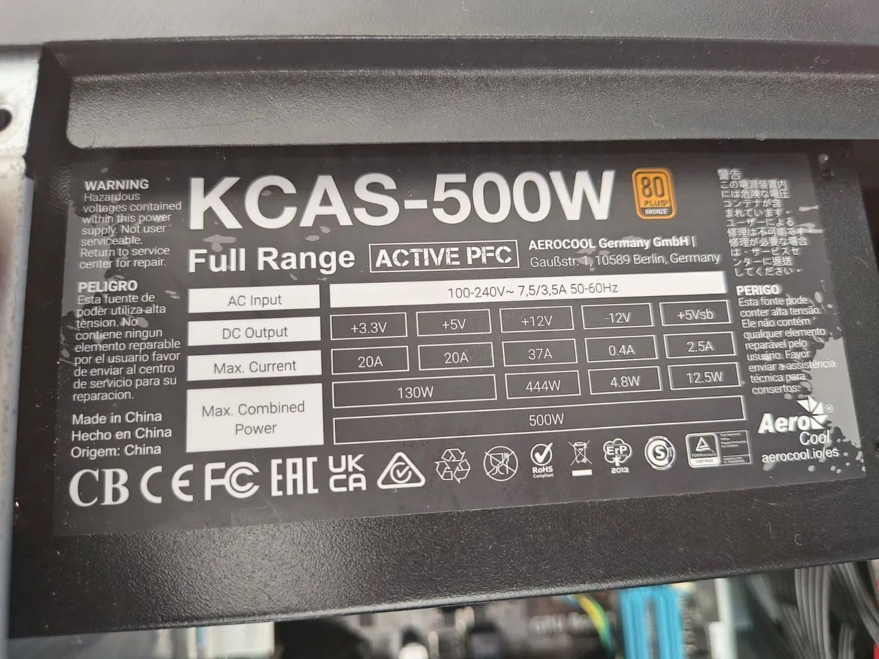 Fonte Aerocool KCAS 500W 80 Plus Bronze PFC Ativo