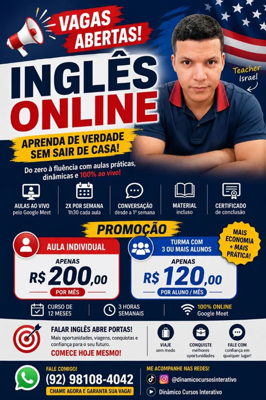 Curso de Inglês Online | Aulas ao Vivo | Google Meet