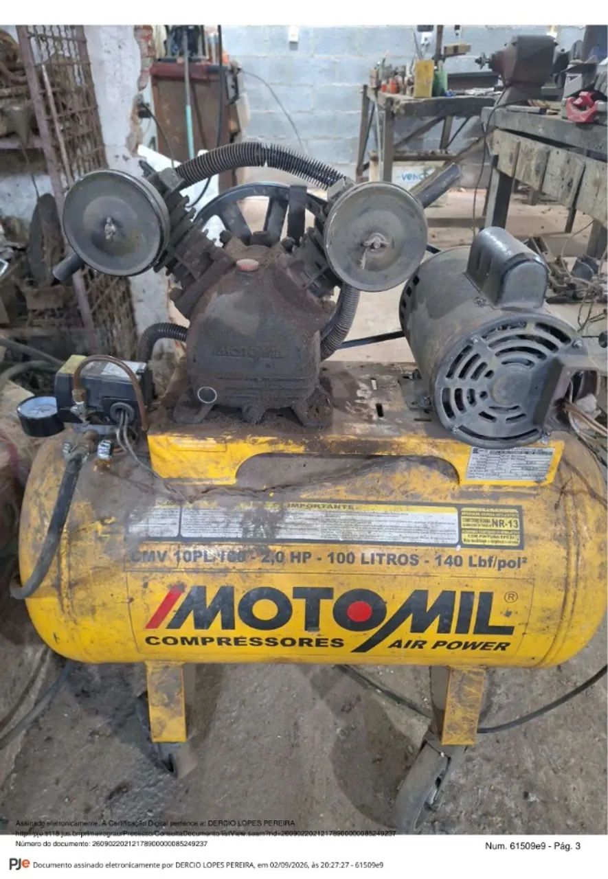 Leilão Judicial de Compressor de Ar de 100 L, marca MOTOMIL, lance inicial de 50%