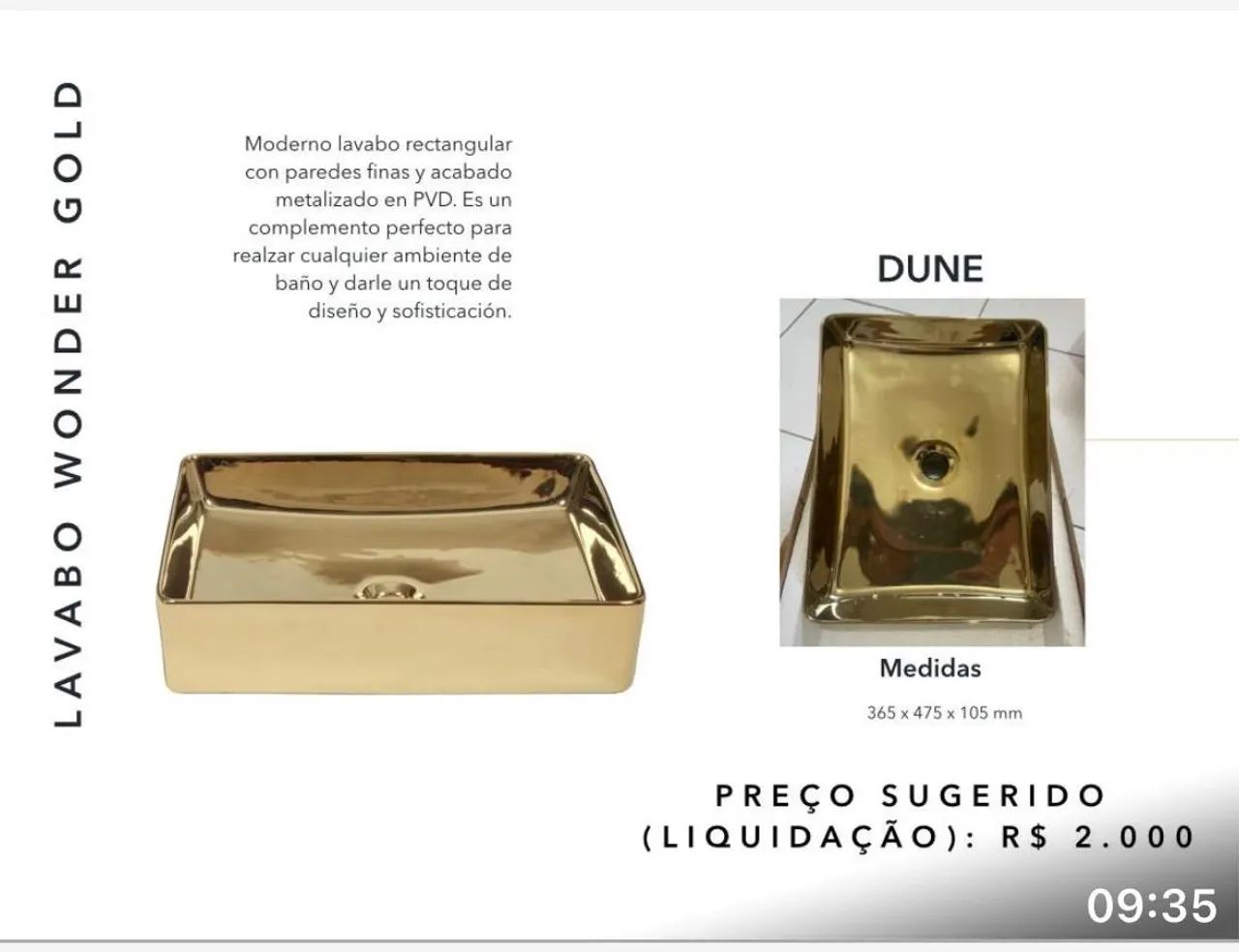 New Golden Washbasin, DUNE brand. Dimensions: 365 x 475 x 105