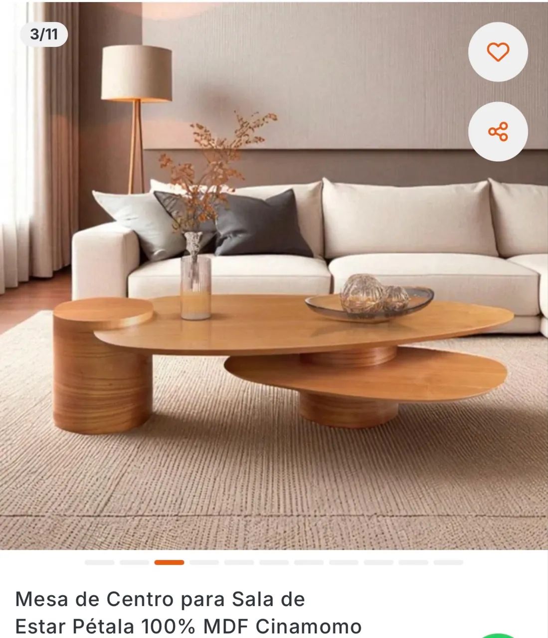 Mesa de Centro para Sala de Estar Pétala 100% MDF Cinamomo