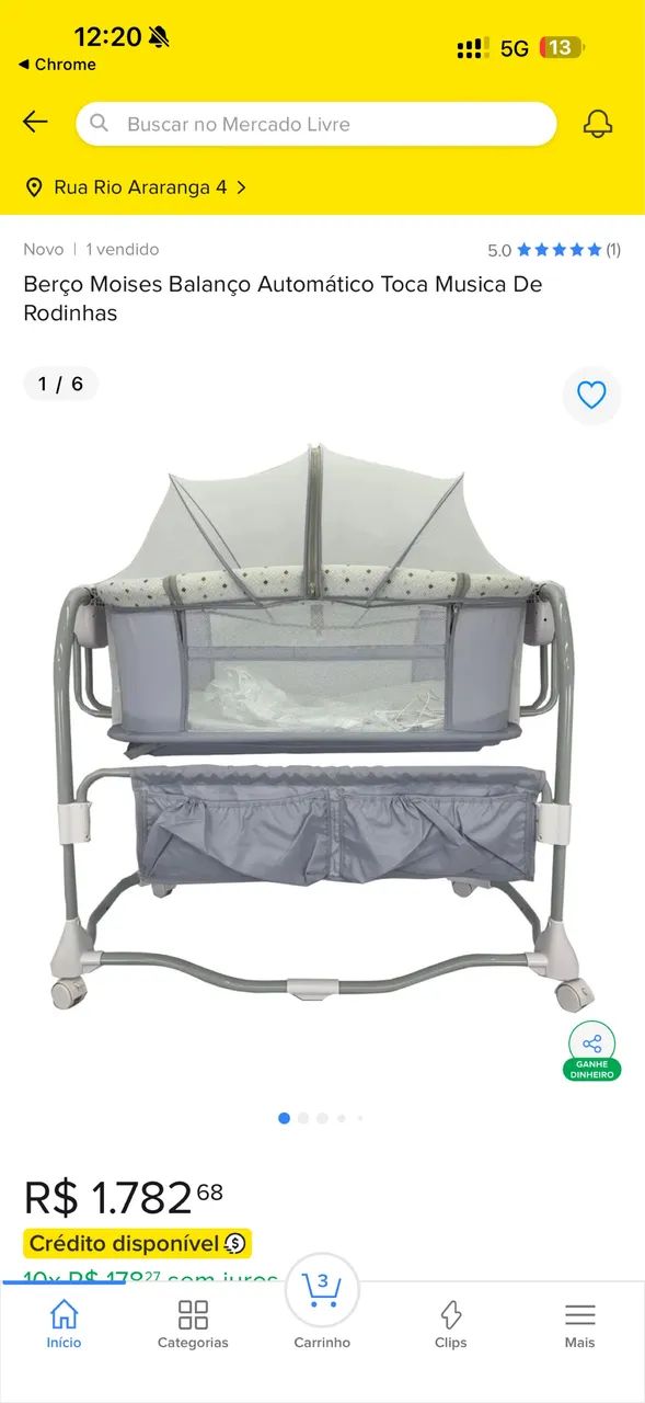 BERÇO BLUETOOTH BALANÇO AUTOMÁTICO DUAS ALTURAS CINZA CLARO ESTAMPADO