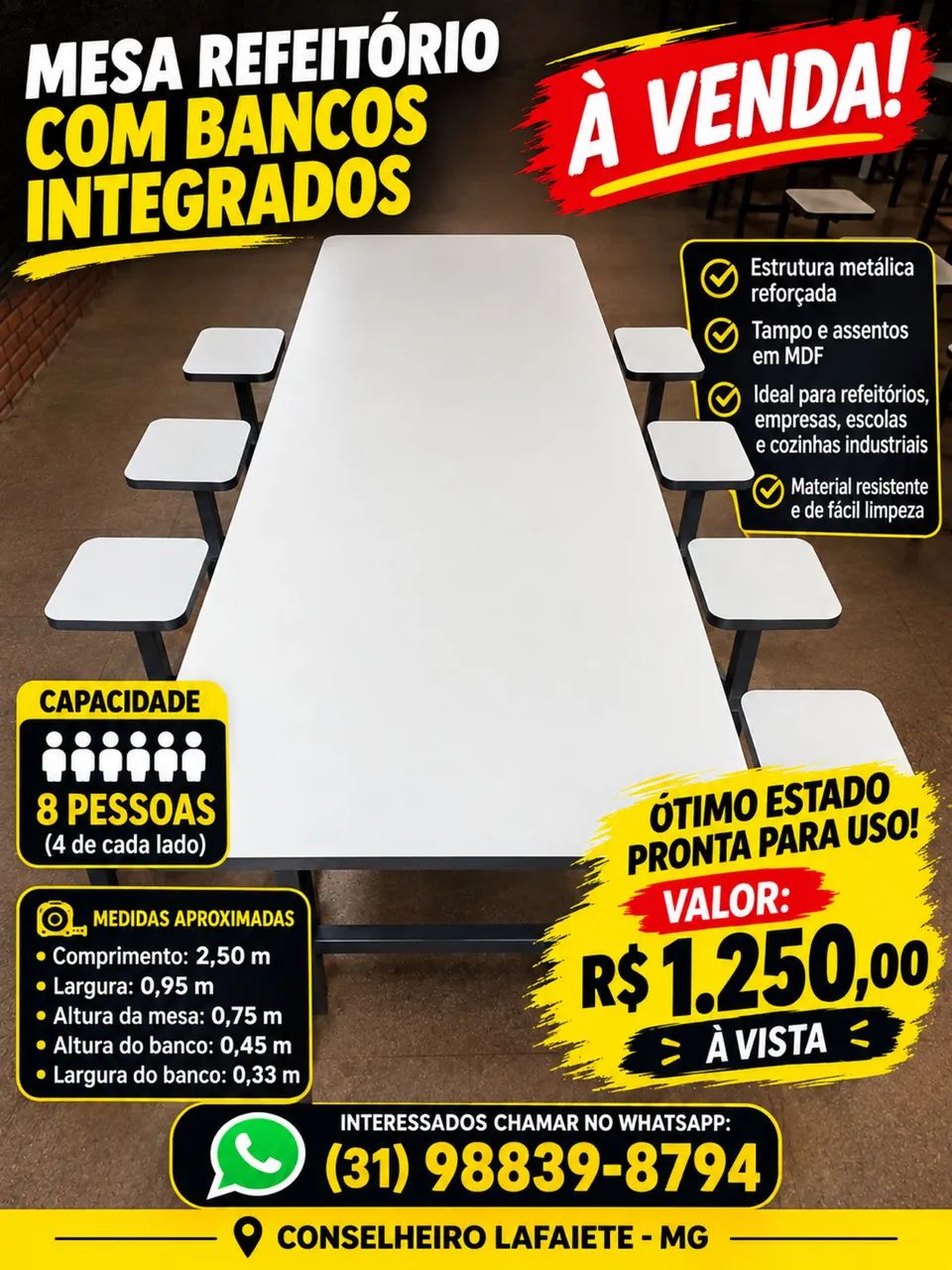 Mesa de Refeitório com 8 Bancos Integrados em MDF