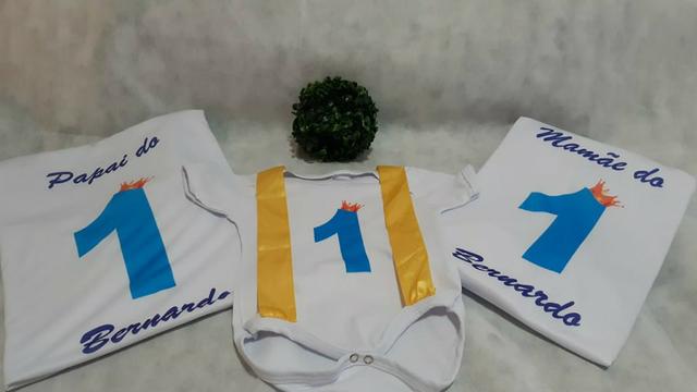 Kit aniversário com 2 camisetas e 1 body com suspensorio personalizados