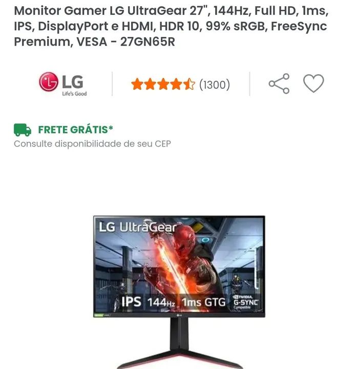 Monitor Gamer LG UltraGear 27'' 144Hz Full HDD 1ms