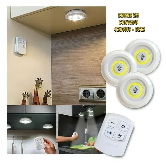 Kit 3 luminárias Led-Spot sem fio com controle remoto-Entregas 9h as 22h