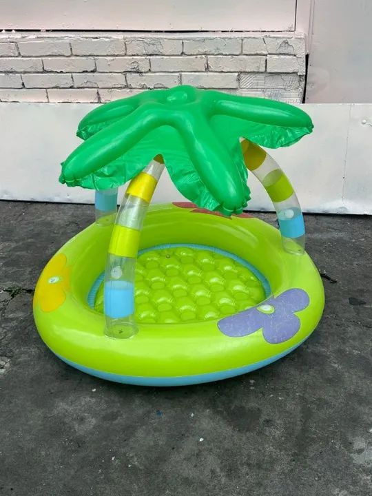 Piscina inflável com cobertura importada.