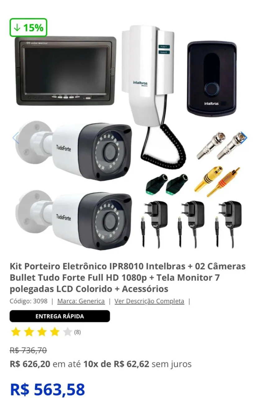 Kit Porteiro Eletrônico Intelbras IPR8010 + 2 Câmeras Bullet Tudo Forte Full HD 1080p