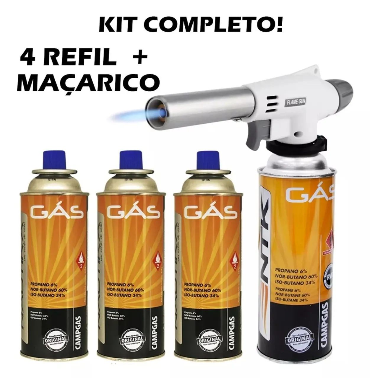 MAÇARICO + 4 REFIL GÁS (KIT COMPLETO)