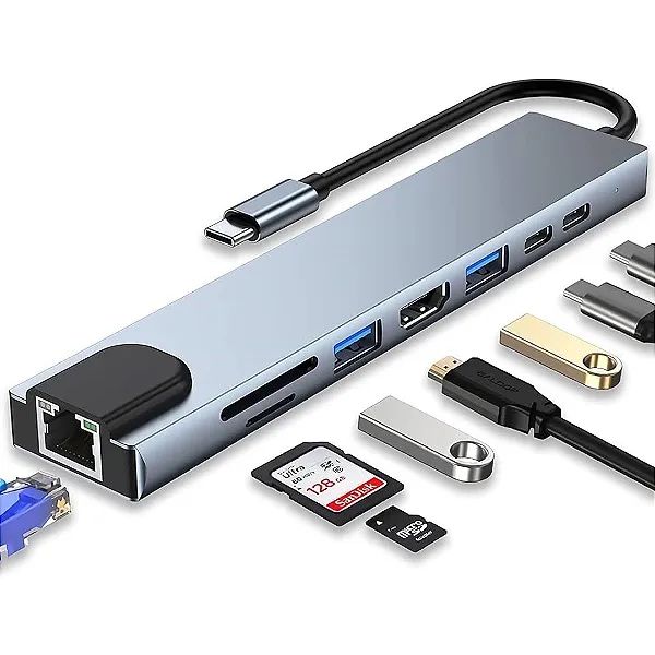 Conversor Tipo C P/ HDMI, 2 USB 3.0, 2 Tipo C, 2 Leitor SD/Micro SD e Rj45 1000Mbps - Foto 2