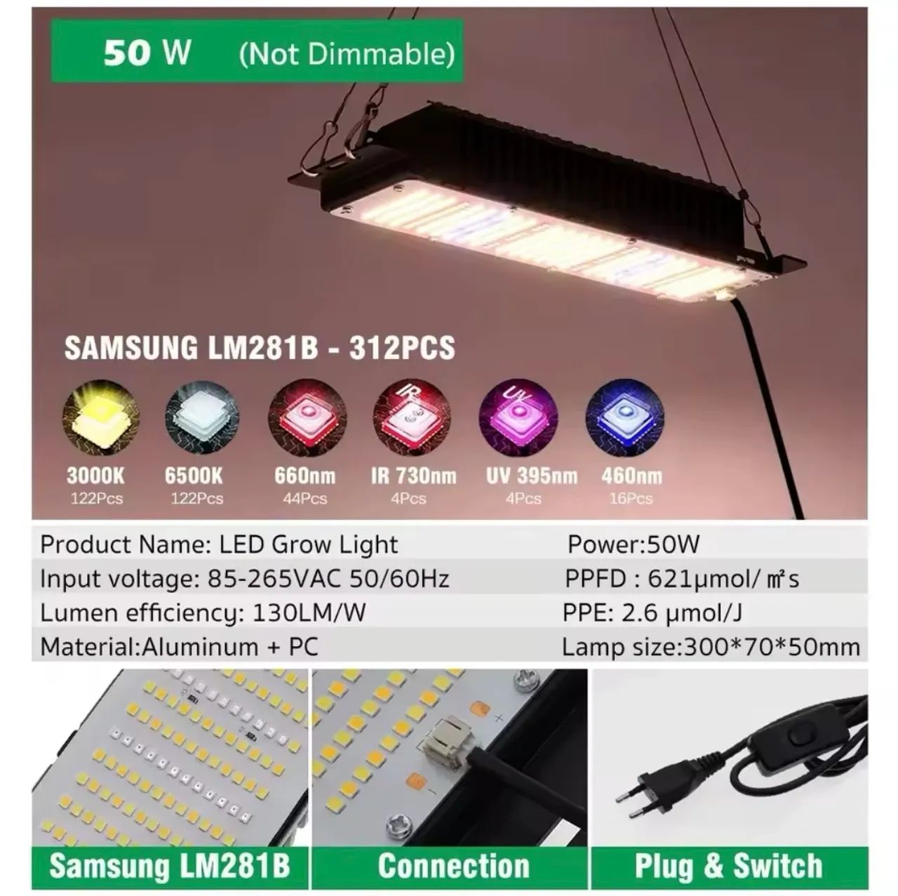LED Grow Light Full Spectrum LED chips Samsung LM281B, AC85-265V, 50W