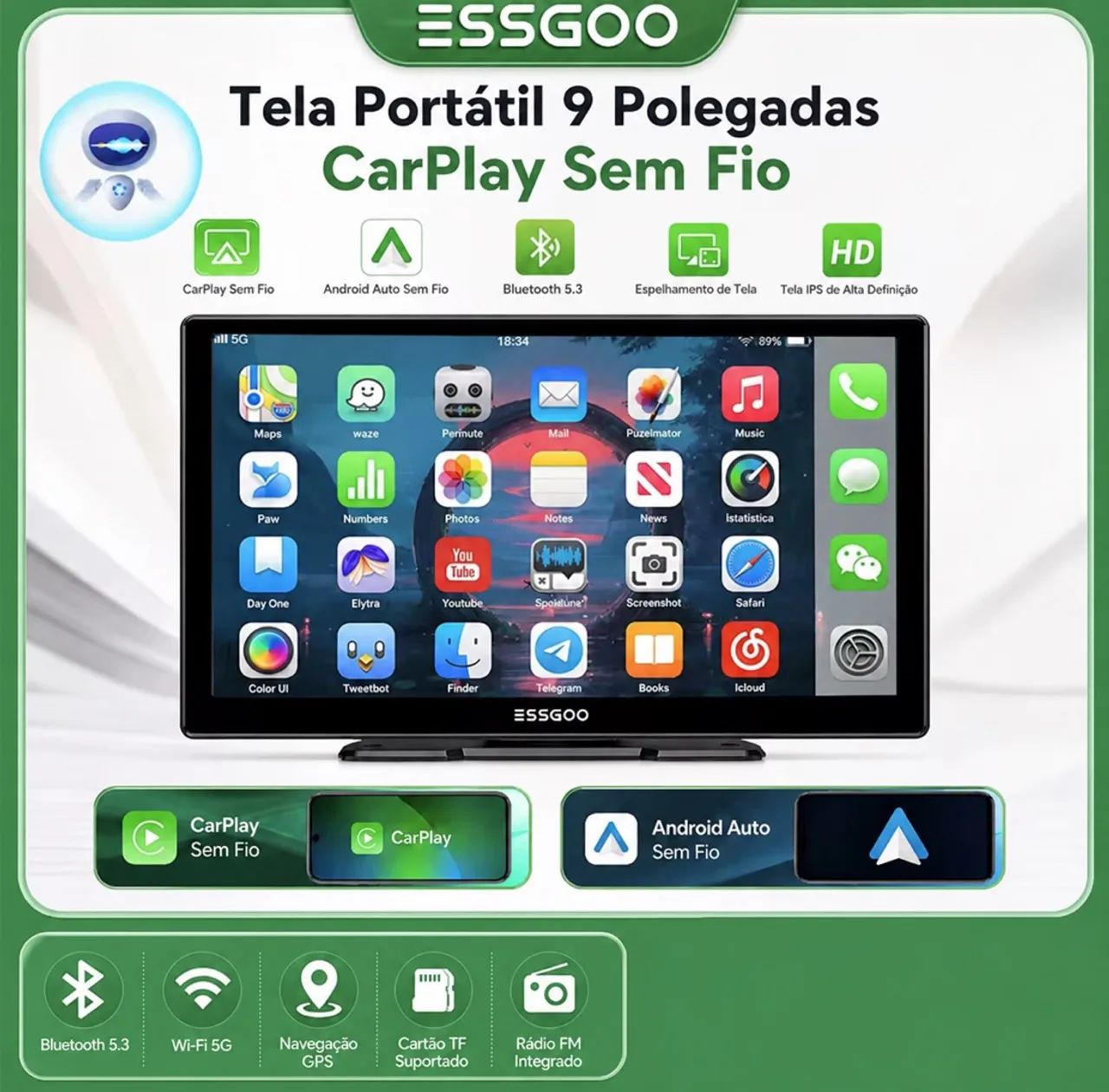 Multimidia ESSGOO de 9 polegadas Android auto e car play sem fio