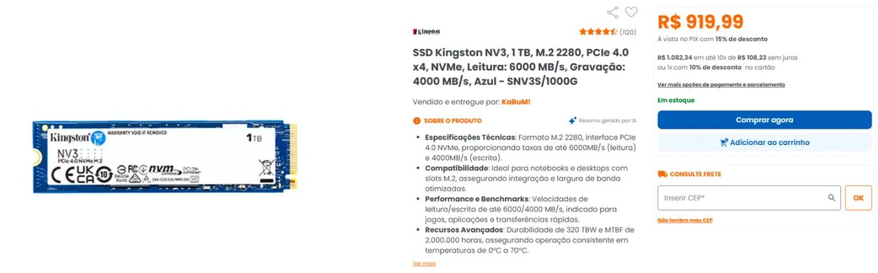 SSD NVMe Kingston NV3 - 1TB - Envio OlxPay, Aceito cartão e entrego - Foto 2