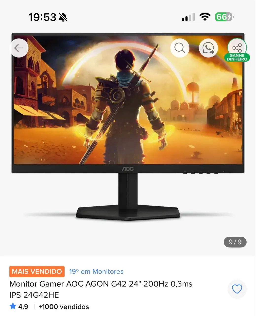 Monitor aoc agon 200HZ IPS 24P 0.3MS